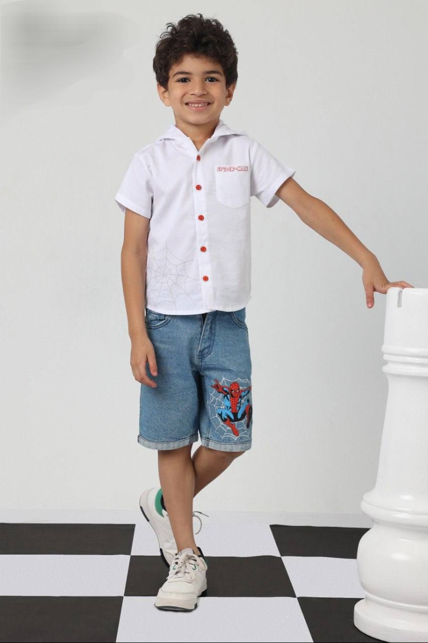 Boys Spider-Themed White Shirt & Denim Shorts Set – Smart Casual Outfit (Ages 3–7)