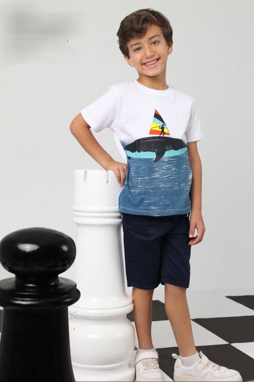 Boys Shark Graphic T-Shirt & Navy Shorts Set – Casual Summer Outfit (Ages 3–7)