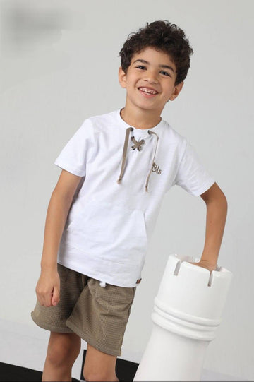 Boys Casual Summer T-Shirt & Textured Shorts Set – Lace-Up Neck Cotton Outfit