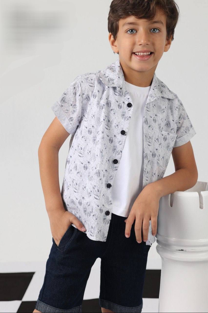 Boys Printed Shirt & Denim Shorts Pajama Set – White Button-Up Top & Navy Shorts