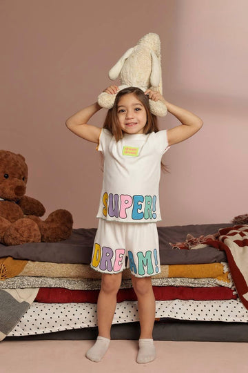 Girls Short Sleeve Pajama Set – White Graphic T-Shirt & Matching Shorts Sleepwear