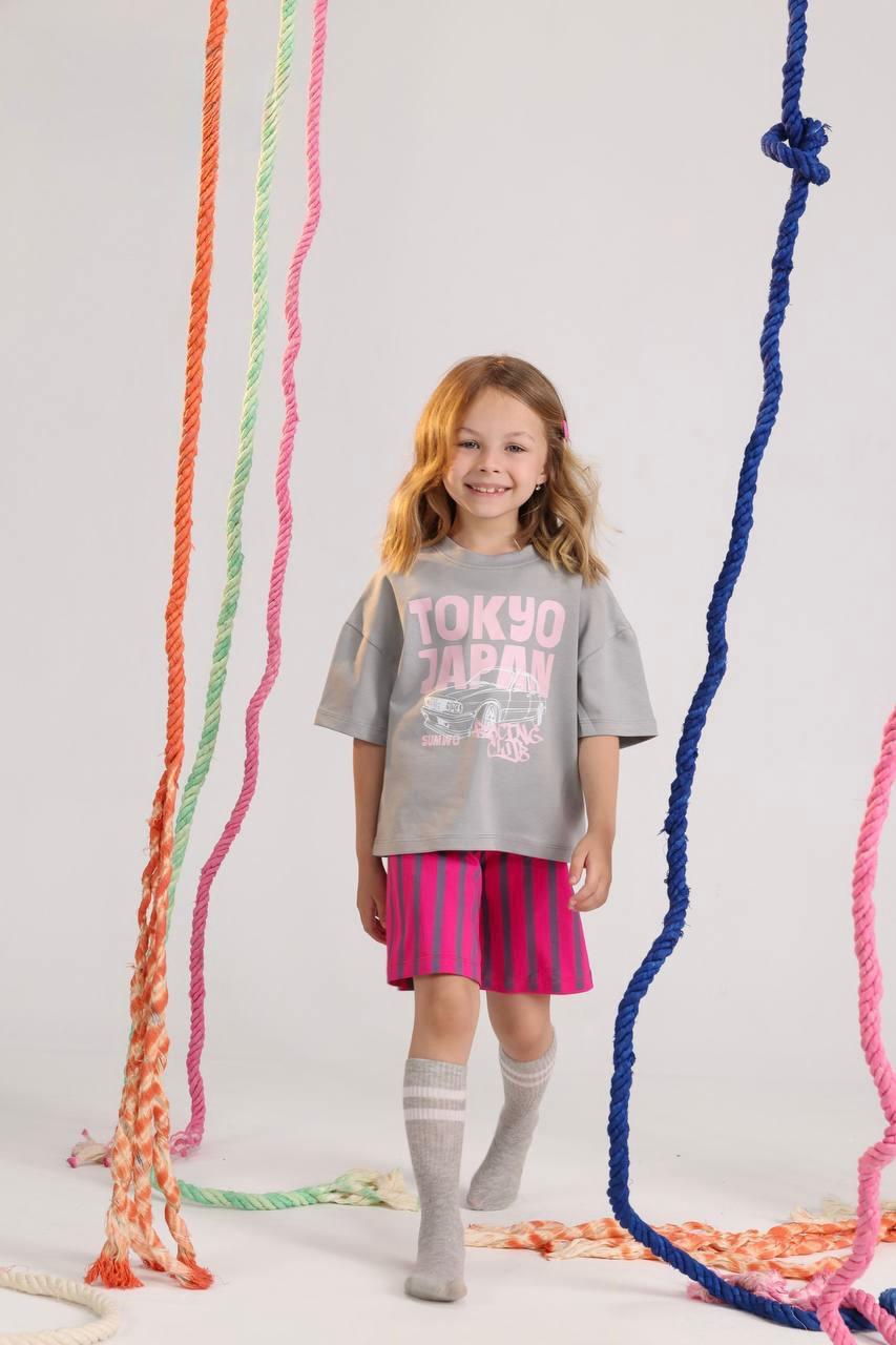 Girls Tokyo Japan Graphic T-Shirt & Striped Shorts Set – Grey & Pink Casual Summer Outfit