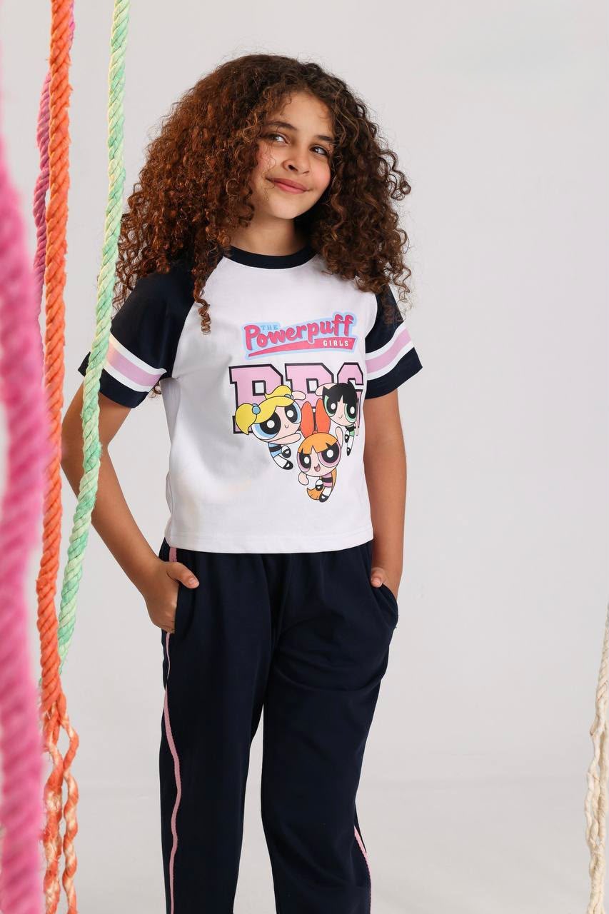 Girls Powerpuff Graphic T-Shirt & Wide Leg Pants Set – Casual Kids Outfit in White & Navy