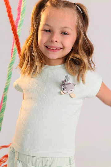 Girls Mint Textured Top & Wide-Leg Pants Set with Cute Animal Appliqué – Elegant Casual Outfit for Kids