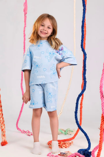 Girls Stitch Printed Summer Set – Baby Blue Oversized T-Shirt & Matching Shorts