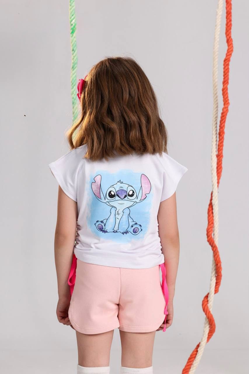 Girls Stitch Summer Outfit Set – White Graphic T-Shirt & Pink Shorts with Side Tie Details