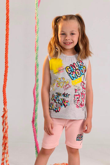 Girls Summer Pajama Set – Sleeveless Graphic Top & Pink Shorts Sleepwear