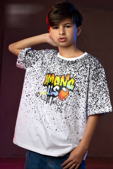 Boys' Oversized Graphic T-Shirt – White Graffiti Print Casual Cotton Tee | Trendy Streetwear for Kids