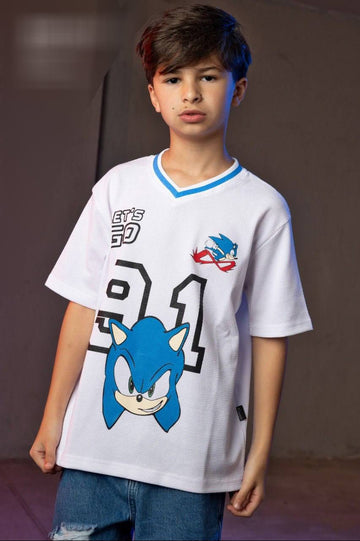 Boys' Sonic Graphic Mesh T-Shirt – White V-Neck Oversized Sports Tee | Lightweight Casual Kids Shirt