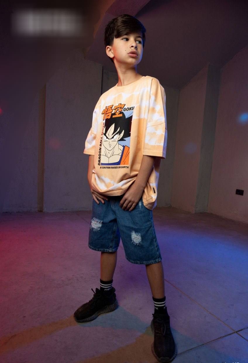 Boys' Dragon Ball Z Goku Oversized Tie-Dye T-Shirt – Peach Graphic Cotton Tee | Casual Anime Streetwear for Kids