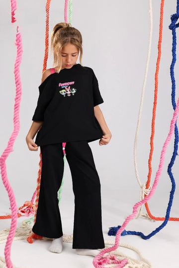 Girls Powerpuff Graphic Cold Shoulder Lounge Set – Black Wide Leg T-Shirt & Pants Outfit (Size 10–16)