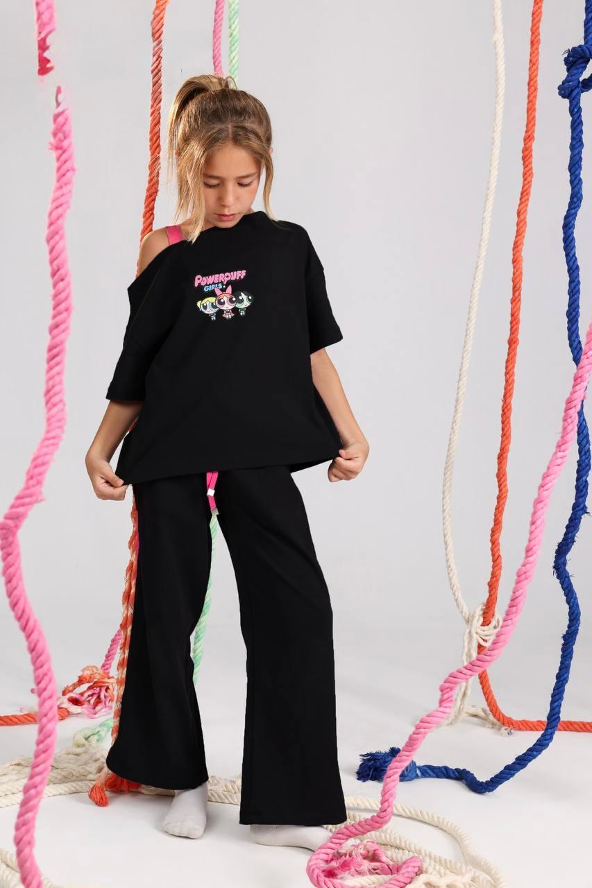 Girls Powerpuff Graphic Cold Shoulder Lounge Set – Black Wide Leg T-Shirt & Pants Outfit (Size 10–16)