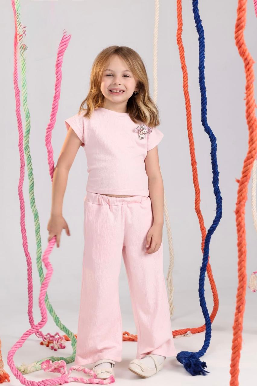 Girls Soft Pink Ribbed Lounge Set – Wide Leg Pants & Cap Sleeve Top (Sizes 10–16)