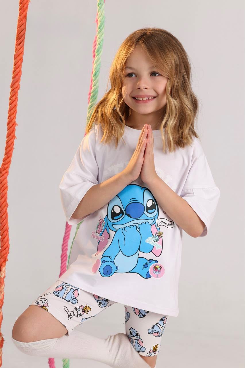 Girls’ Full Pajama Set – Stitch Cartoon Long Sleeve Top & Matching Pants