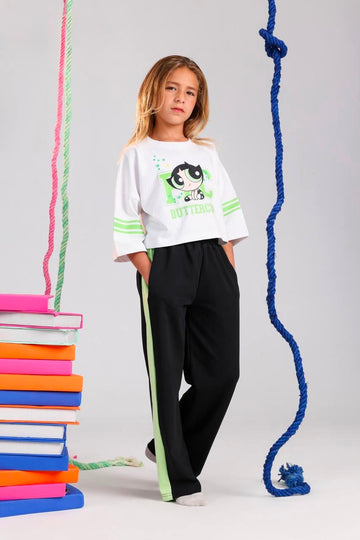 Girls Long Sleeve Pajama Set – White Printed Top & Black Pants Sleepwear