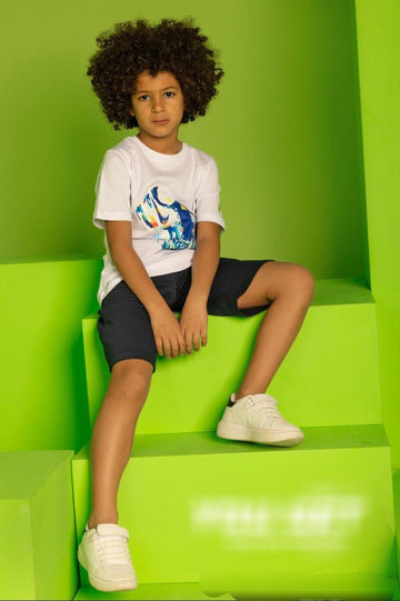 Boys Performance T-Shirt & Shorts Set – White & Navy Summer Activewear