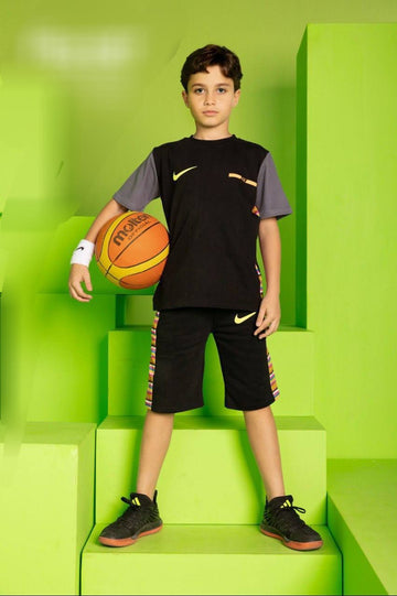 Boys' Performance T-Shirt & Shorts Set – Black Athletic Two-Piece Outfit with Color Block Side Panels | Kids Sportswear