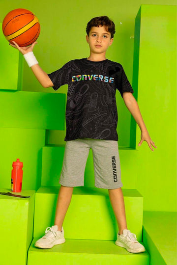 Boys' Converse Graphic T-Shirt & Grey Shorts Set – Soft Cotton Casual Summer Outfit