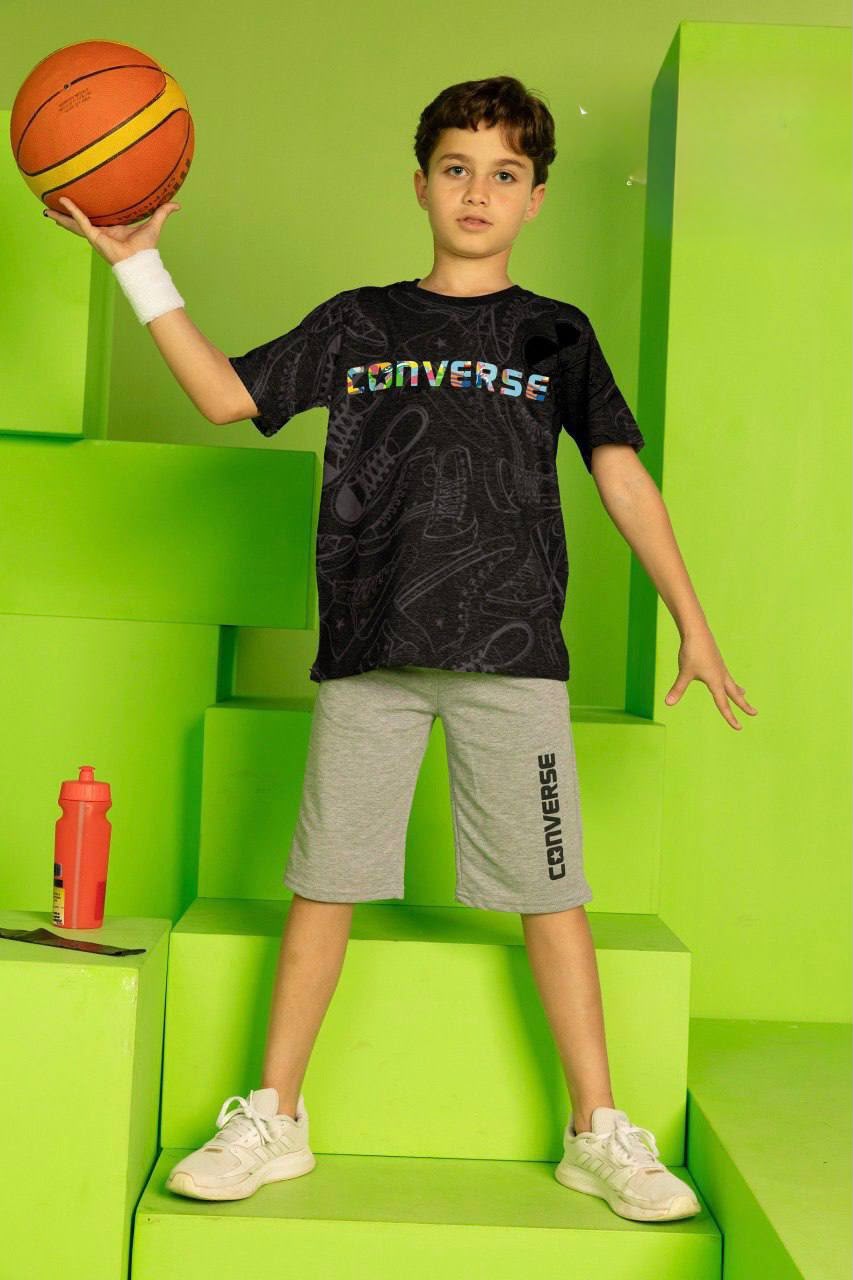 Boys' Converse Graphic T-Shirt & Grey Shorts Set – Soft Cotton Casual Summer Outfit