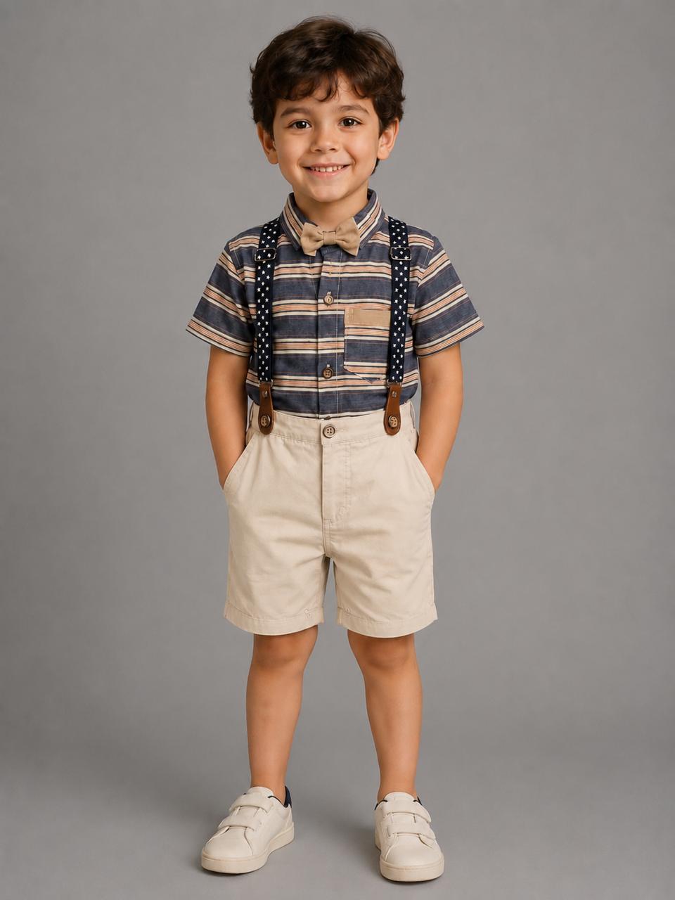 Boys' Formal Shirt & Shorts Set with Suspenders and Bow Tie – Smart Casual Party Outfit