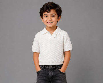 Kids White Textured Knit Polo Shirt – Short Sleeve Casual Cotton Blend Top