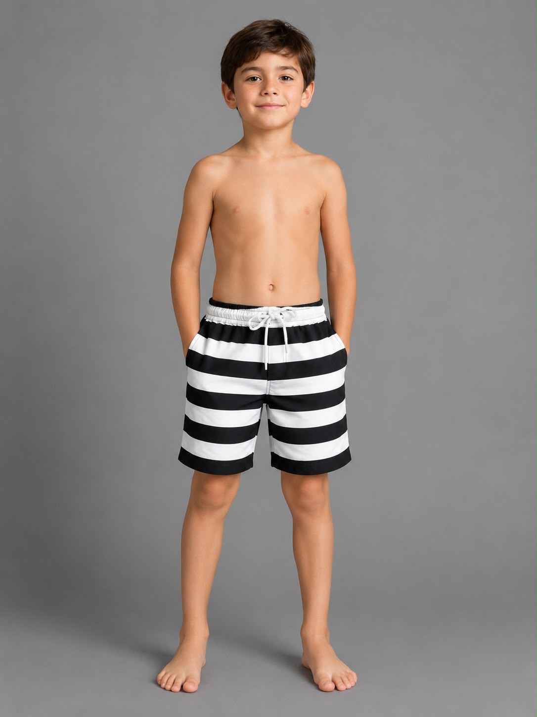 Kids Black & White Striped Swim Shorts – Quick-Dry Beach & Pool Shorts for Boys