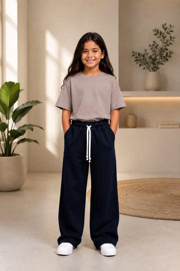 Girls' Navy Wide-Leg Sweatpants Set | Soft Cotton Casual Outfit