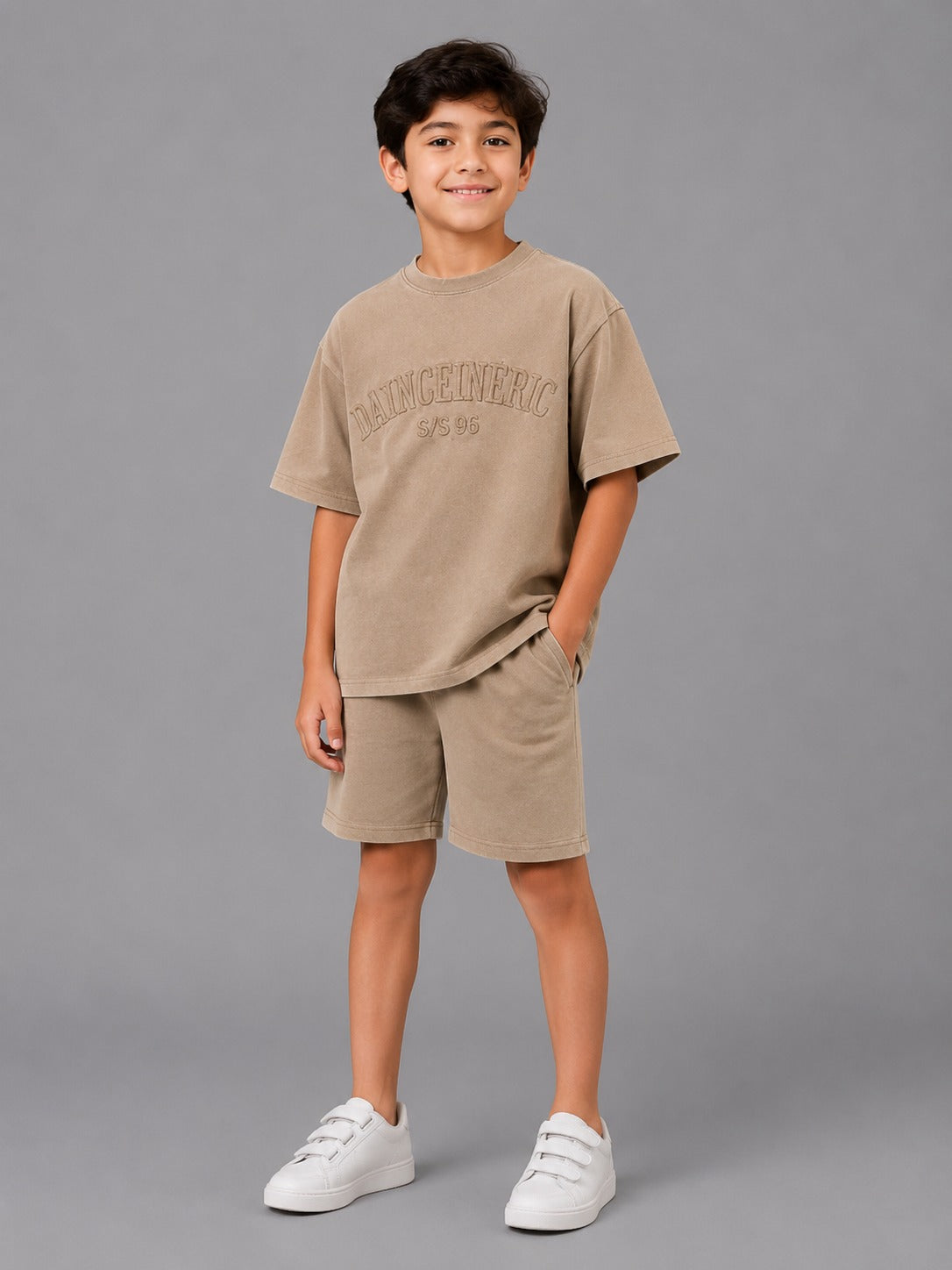 Boys' Oversized Cotton T-Shirt Casual 2-Piece Summer Outfit in Taupe