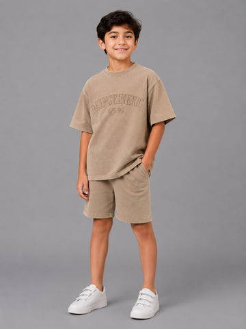 Boys' Oversized Cotton T-Shirt Casual 2-Piece Summer Outfit in Taupe