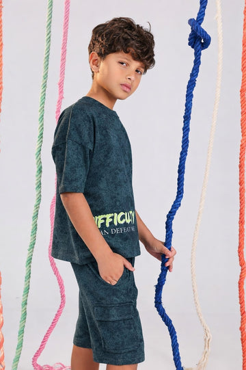 Boys' Dark Green Acid Wash T-Shirt & Cargo Shorts Set | Casual Summer Cotton Outfit