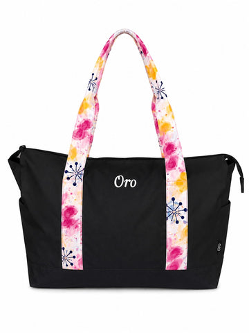 Oro Large Black Travel Tote Bag with Floral Straps | Lightweight Weekender & Gym Bag