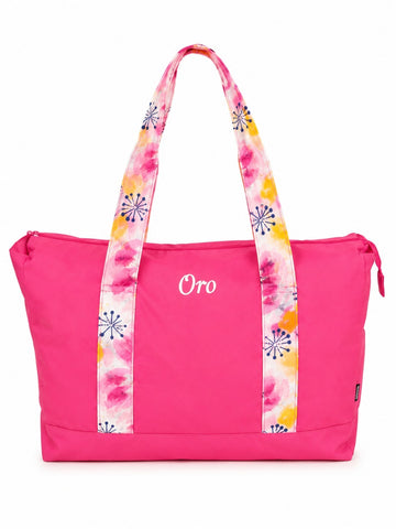 Oro Large Pink Travel Tote Bag with Floral Straps | Lightweight Weekender & Gym Bag