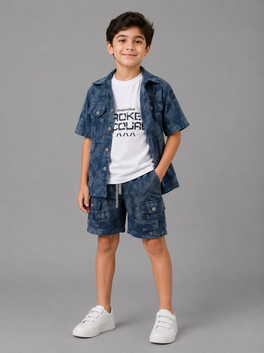Boys' 3-Piece Camo Cargo Shorts Set | Graphic T-Shirt & Short Sleeve Button-Up Shirt