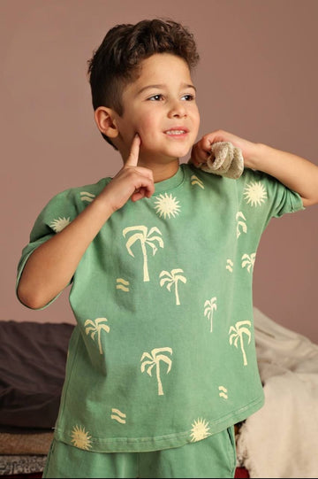 Boys' Palm Tree Print Cotton Pajama Set – Soft Oversized T-Shirt & Shorts Summer Sleepwear