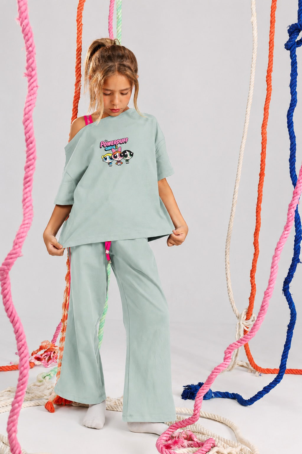 Girls' Powerpuff Girls Oversized Lounge Set – Mint Green Cotton T-Shirt & Wide-Leg Pants | Soft Casual 2-Piece Outfit