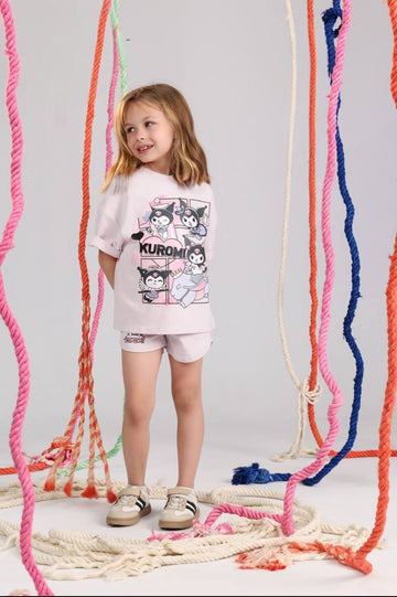 Girls' Kuromi Graphic T-Shirt & Shorts Set – Soft Cotton Summer Outfit for Kids | Casual 2-Piece Clothing Set