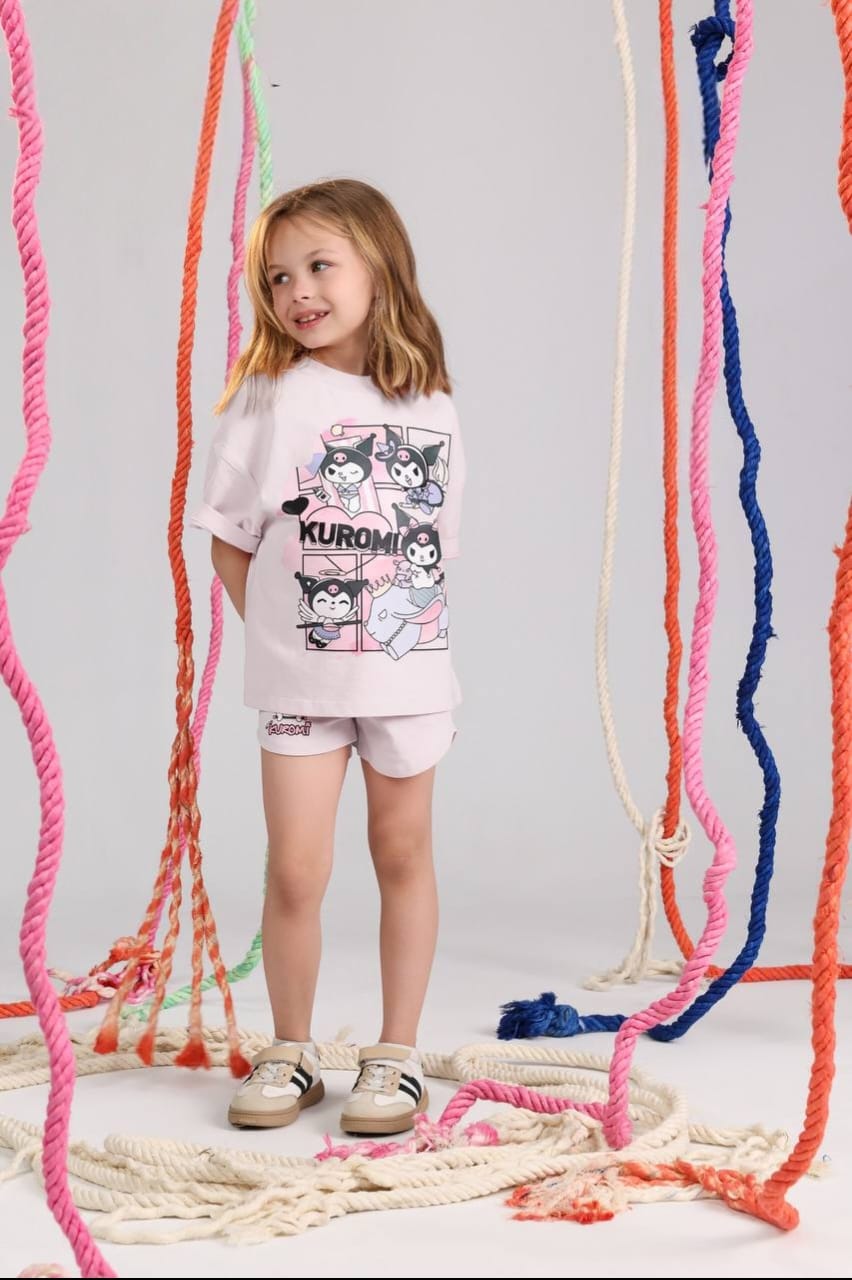 Girls' Kuromi Graphic T-Shirt & Shorts Set – Soft Cotton Summer Outfit for Kids | Casual 2-Piece Clothing Set