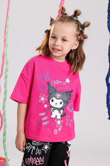 Girls' Kuromi Graphic T-Shirt & Wide-Leg Pants Set – Soft Cotton 2-Piece Casual Outfit for Kids