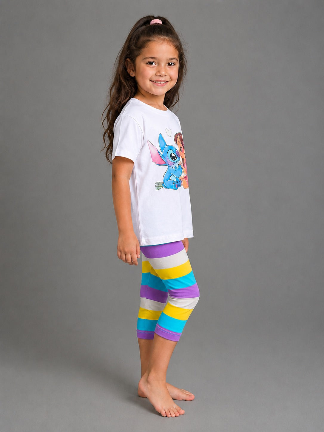 Girls' Stitch Graphic T-Shirt & Striped Capri Leggings Set – Soft Cotton 2-Piece Casual Outfit for Kids