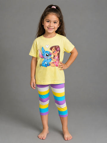 Girls' Stitch Graphic T-Shirt & Striped Capri Leggings Set – Soft Cotton 2-Piece Casual Outfit for Kids