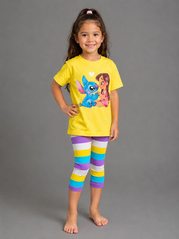 Girls' Stitch Graphic T-Shirt & Striped Capri Leggings Set – Soft Cotton 2-Piece Kids Outfit