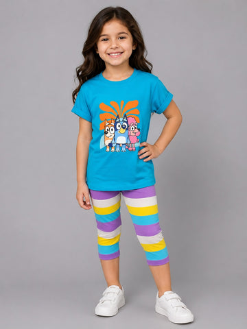 Girls' Bluey Graphic T-Shirt & Striped Capri Leggings Set – Soft Cotton 2-Piece Casual Outfit for Kids