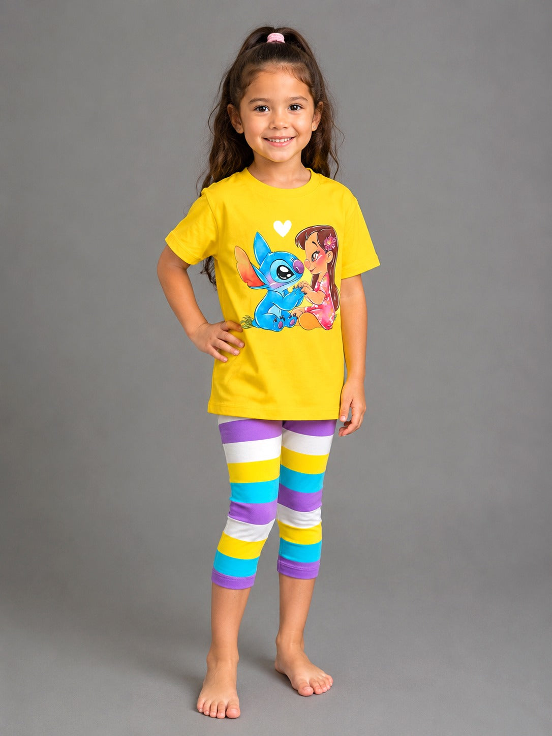 Girls' Stitch Graphic T-Shirt & Striped Capri Leggings Set – Soft Cotton 2-Piece Casual Outfit for Kids