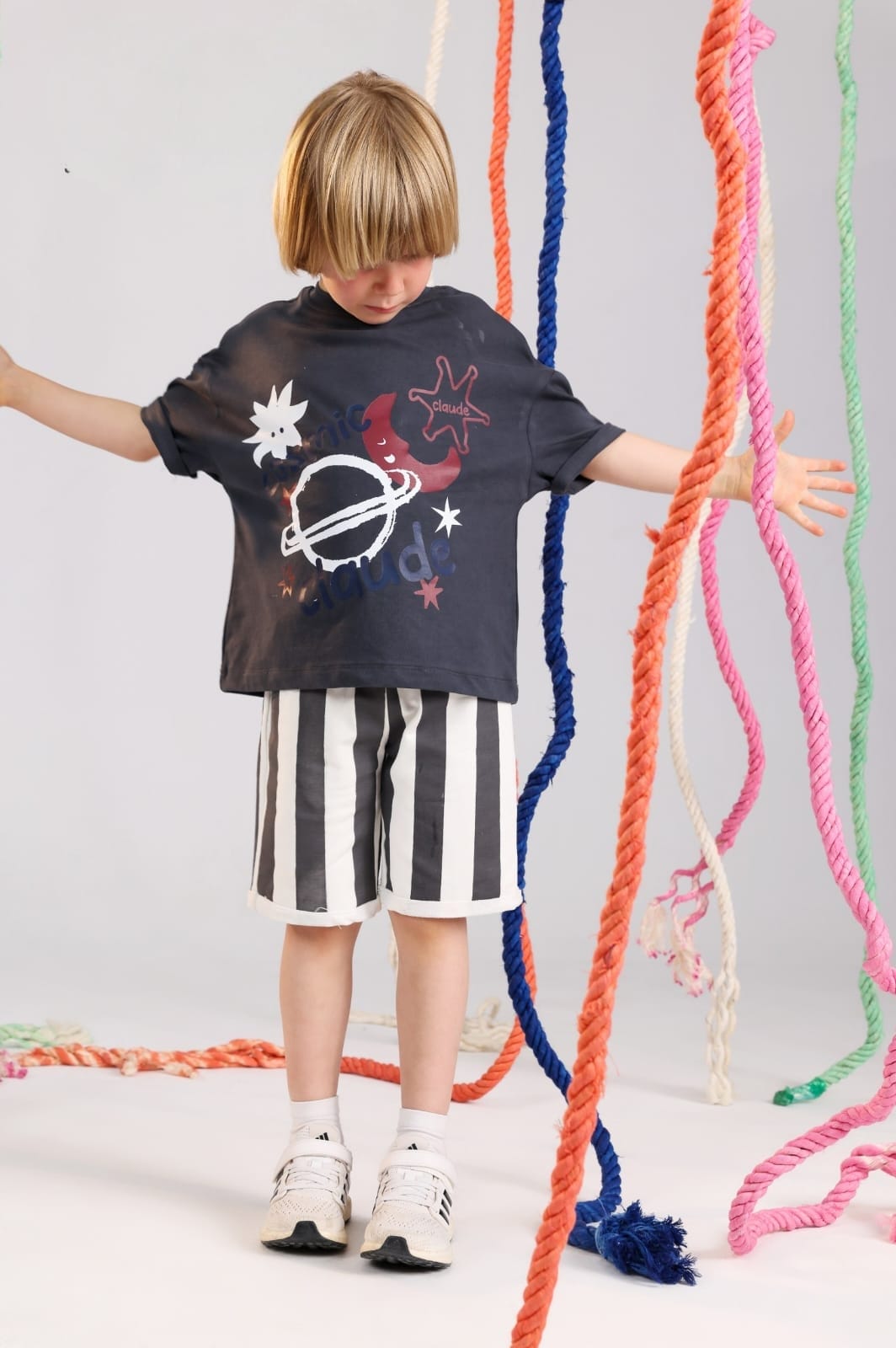 Boys' Space Graphic T-Shirt & Striped Shorts Set – Soft Cotton 2-Piece Summer Outfit for Kids