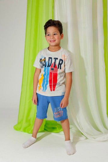 Boys' Surf Print T-Shirt & Knee-Length Shorts Set – Soft Cotton 2-Piece Casual Homewear for Kids