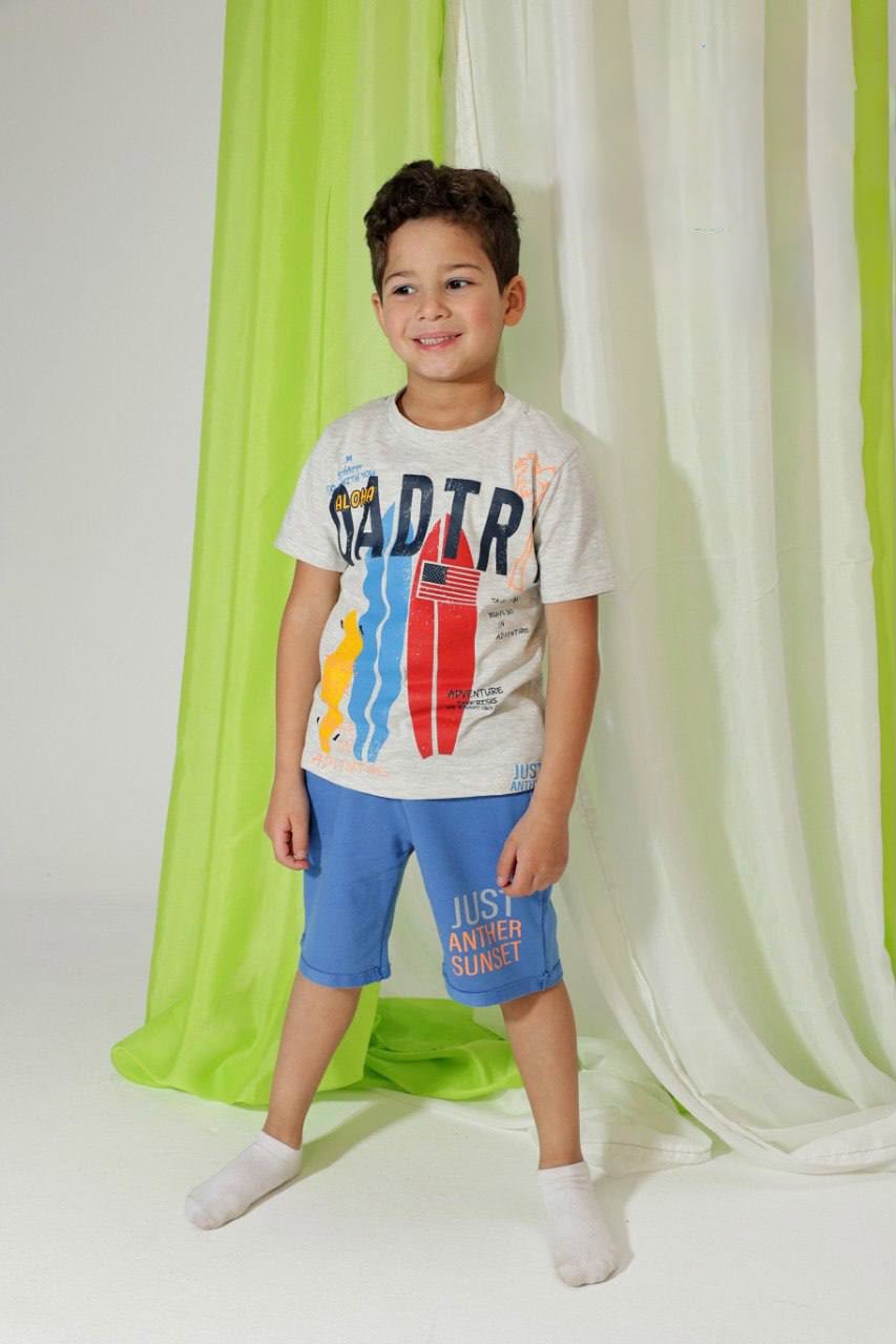 Boys' Surf Print T-Shirt & Knee-Length Shorts Set – Soft Cotton 2-Piece Casual Homewear for Kids
