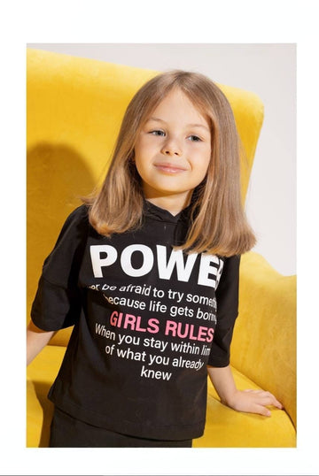 Girls' Black Graphic T-Shirt & Wide-Leg Shorts Set – Casual Cotton 2-Piece Outfit