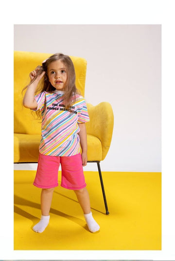 Girls' Rainbow Stripe T-Shirt & Fuchsia Culotte Shorts Set – Cotton Summer 2-Piece Outfit