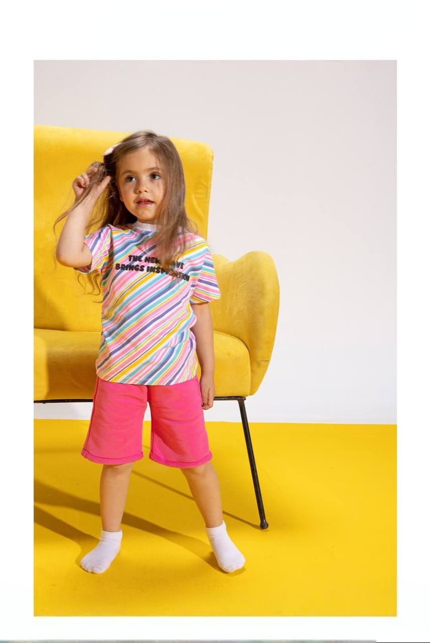 Girls' Rainbow Stripe T-Shirt & Fuchsia Culotte Shorts Set – Cotton Summer 2-Piece Outfit