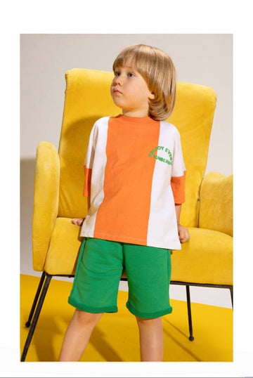 Boys' Color Block T-Shirt & Green Shorts Set – Cotton Summer 2-Piece Casual Outfit